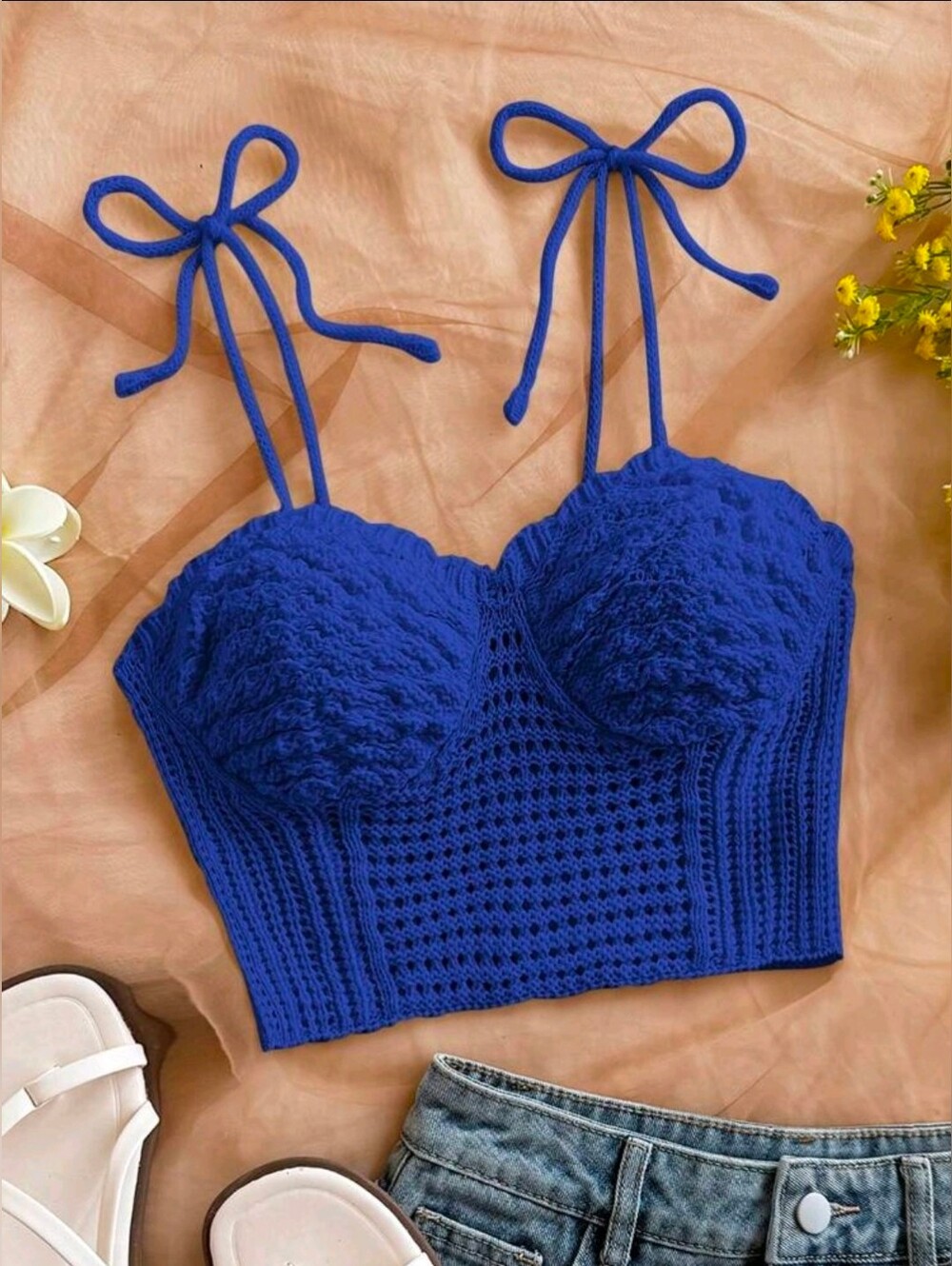 Blue Knit Tie-Strap Crop Top